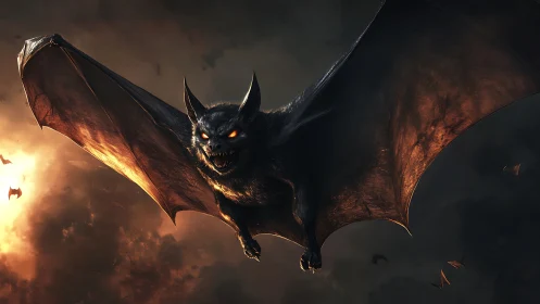 Cinematic demonic bat in dramatic backlit flight composition.