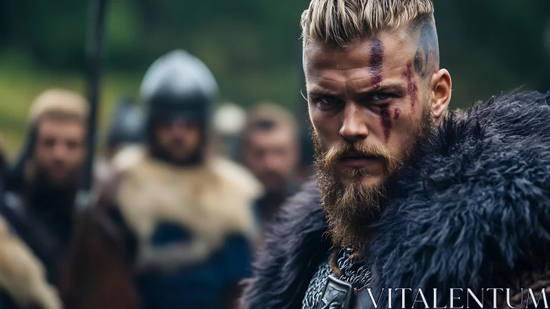 Viking warrior portrait with war paint and fur cloak.