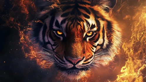 Hyperreal tiger portrait emerging through asymmetric, high-energy flames