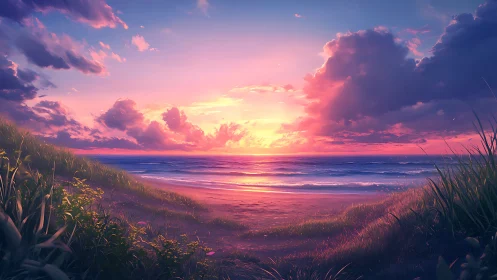 Sunset shoreline rendered with high-saturation atmospheric lighting