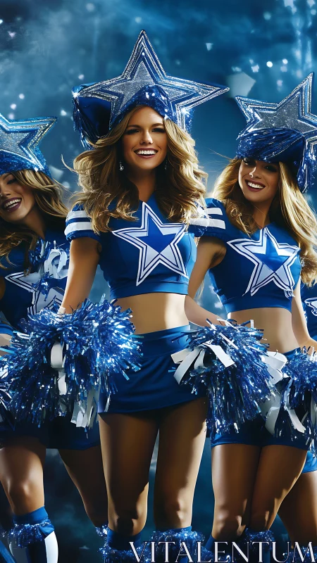 Shining cheerleaders light up the field in bold blue stars