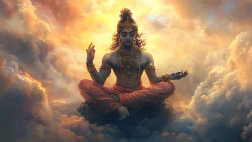 Serene celestial yogi meditating softly among glowing clouds.