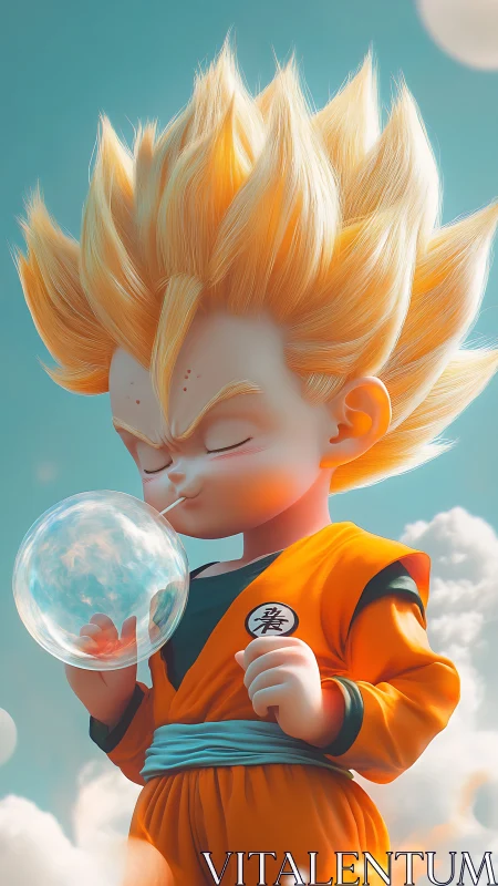 Stylized child warrior in orange suit with bubble sphere.