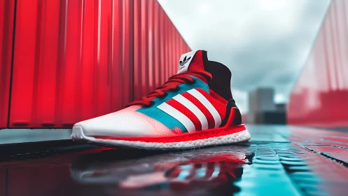 Red and white sneaker rests on reflective urban walkway