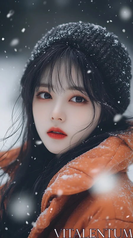 Winter portrait of young woman in orange parka, light snowfall