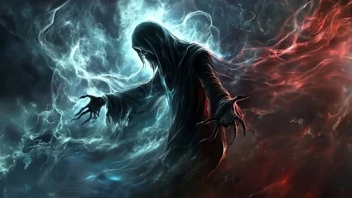 Spectral hooded entity manipulating dual-colored ethereal energy fields