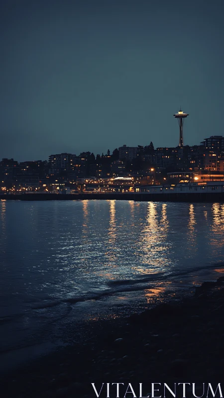 Seattle Skyline at Dusk with Space Needle Illuminated Over Water