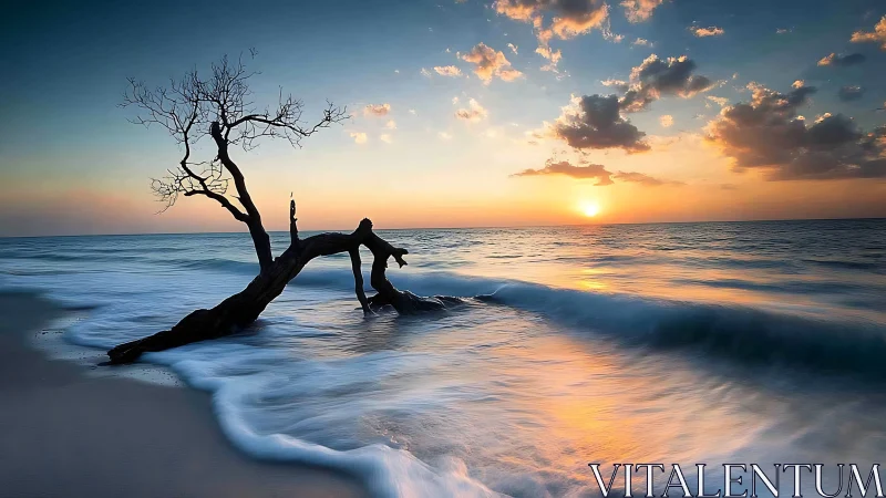 Dead tree lies in shallow surf under vivid ocean sunset sky