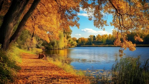 Riverside path under autumn foliage beside calm water.