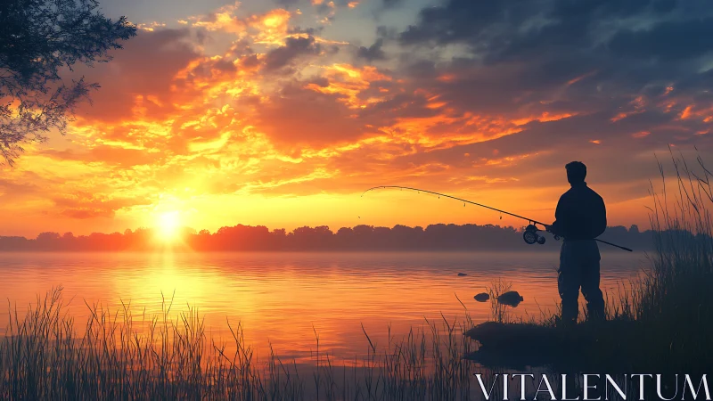 Quiet shoreline sunrise with a lone fisherman waiting peacefully.