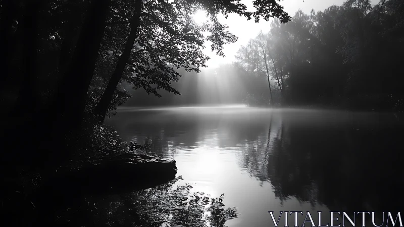Misty Forest Lake at Dawn in Black and White Fine Art Style.