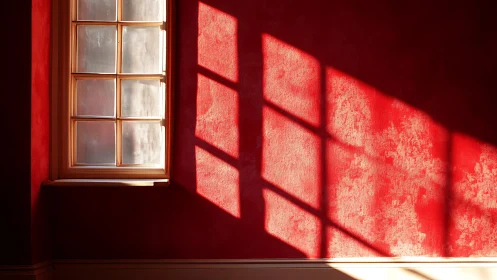 Sunlit wooden window casts strong grid shadows on red wall