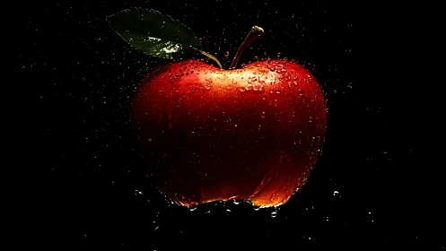 High-contrast macro capture shows red apple with suspended droplets