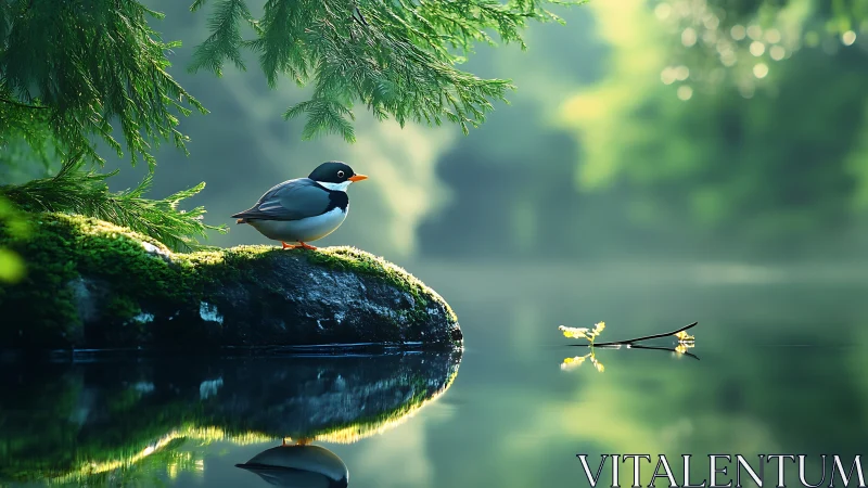 Serene bird by mossy pond in lush nature, dreamy soft focus style.