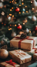 Shallow depth holiday bokeh isolates wrapped gifts and pinecones