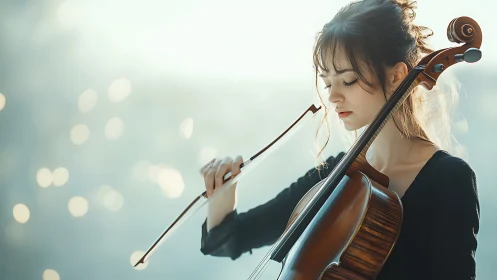 Young cellist lost in soft morning light and gentle music.