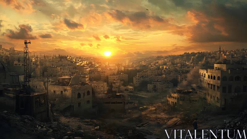 War-torn hillside city glows under a haunting sunset sky.