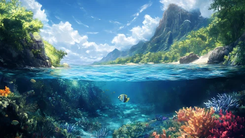 Tropical island coastline with clear underwater reef scene.