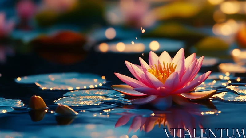 Pink Water Lily with Golden Hour Bokeh Illumination and Reflective Surface