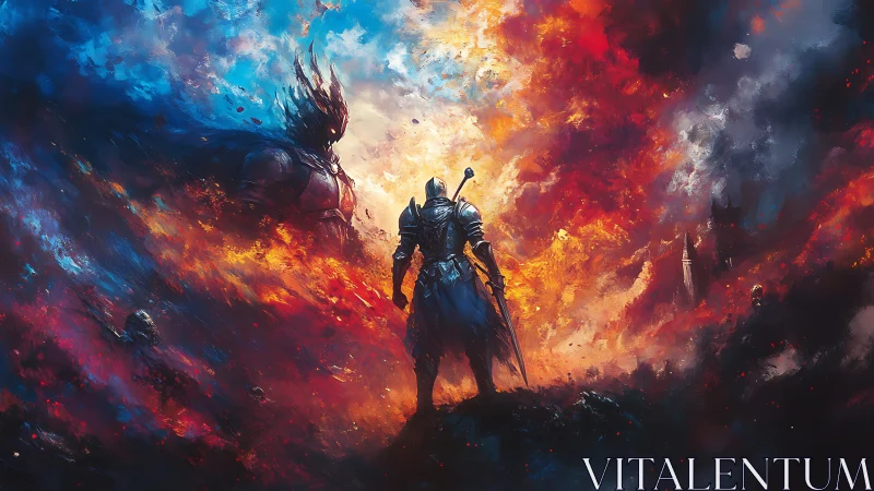 Armored knight confronts colossal fiery wraith in apocalyptic sky