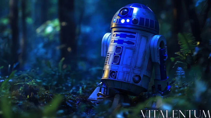Lost forest droid hums softly under cinematic moonlit glow