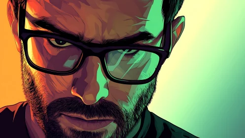 Stylized male portrait with glasses and intense gaze.