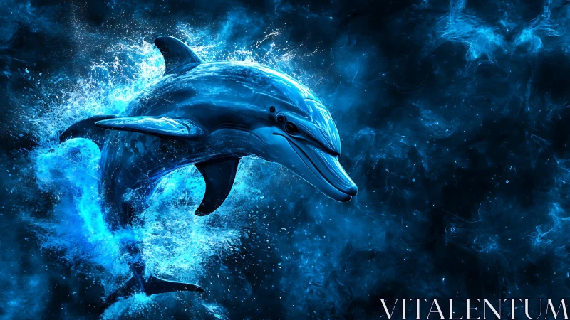Digital dolphin emerging through abstract blue water field.
