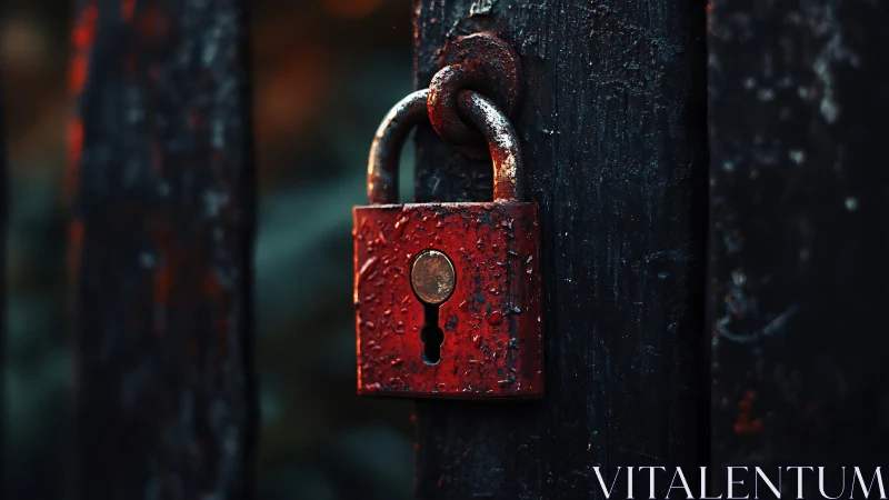 Rain-speckled red padlock guarding a timeworn iron gate.