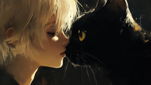 Ethereal Profile: Blonde Female Subject Confronting Amber-Eyed Black Feline