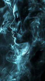 Side profile of woman rendered in blue smoke contours.