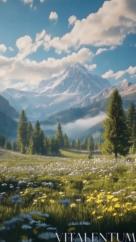Snowcapped mountain overlooks sunlit alpine wildflower meadow
