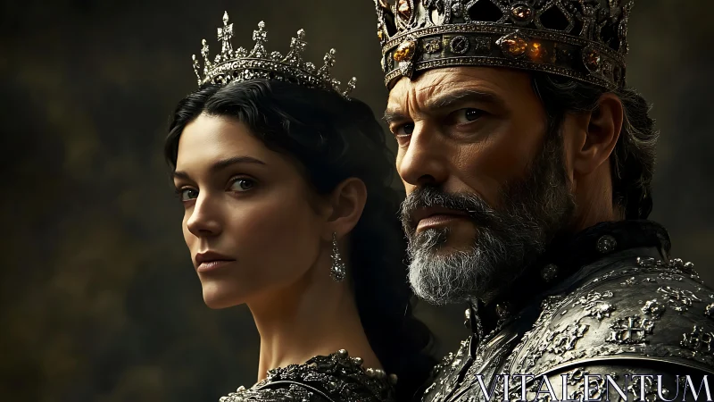 Regal monarchs in jeweled armor under dramatic chiaroscuro