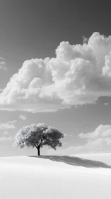 Solitary tree casts a long shadow beneath towering clouds.