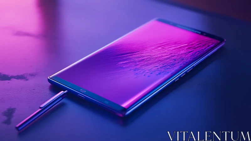 Digital device glowing with neon pink and blue gradient.