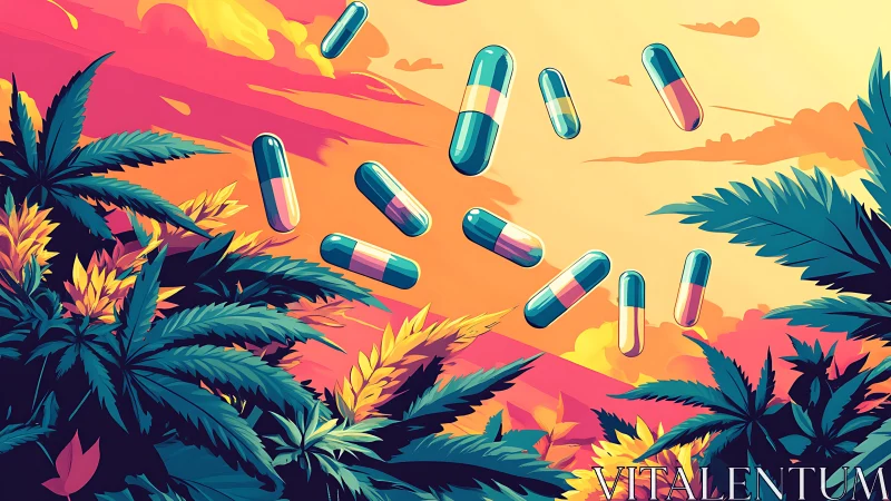 Colorful capsules floating above stylized cannabis plants.