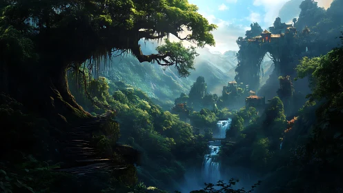 Ancient Kingdom in Misty Mountains with Waterfalls