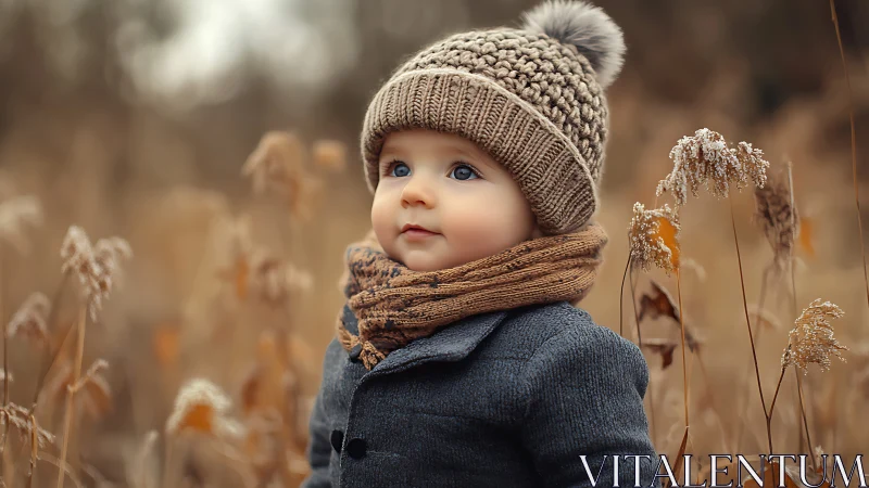 Child in winter knitwear poses in frost-covered grass field.