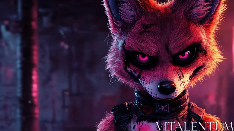 Neon-eyed cyber fox stares down a shadowy city night.