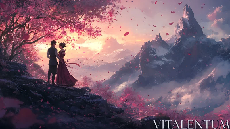 Two Figures Beneath Blooming Cherry Tree at Mountain Summit