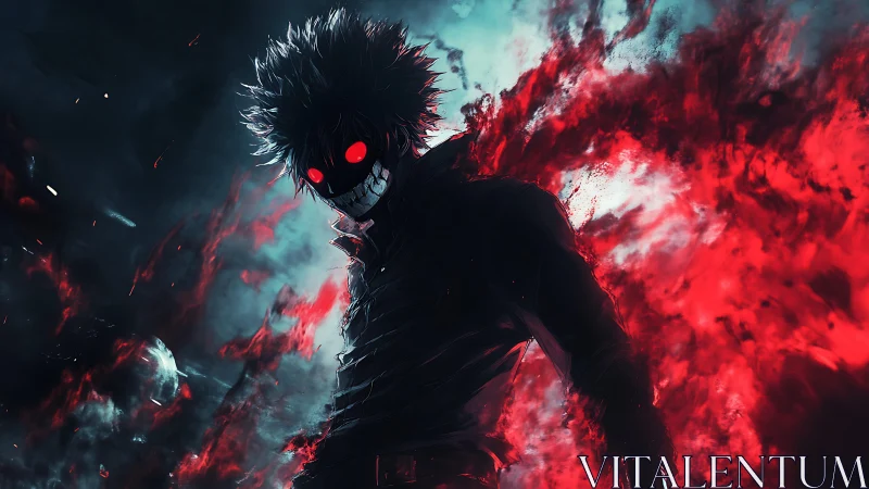 Grinning ember wraith with neon eyes in storming scarlet flame.