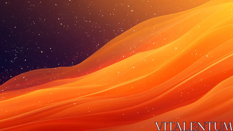 Abstract orange light waves against dark starry field.