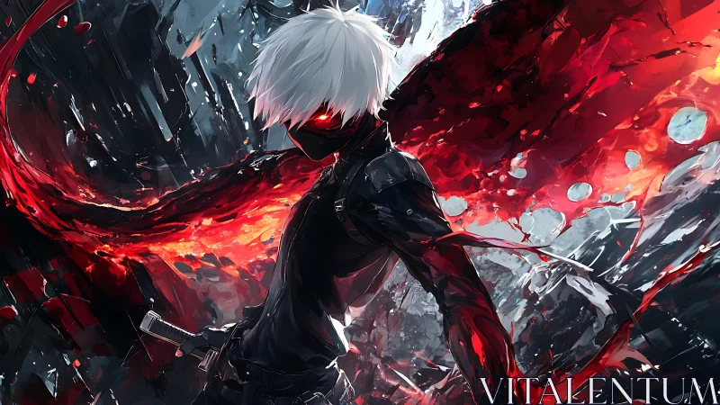 White-haired masked fighter channels red energy tendrils mid-battle