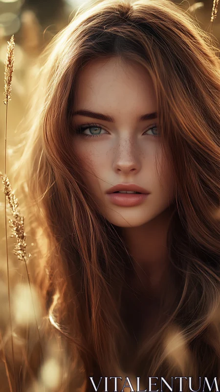 Young woman’s face framed by long hair in warm field light