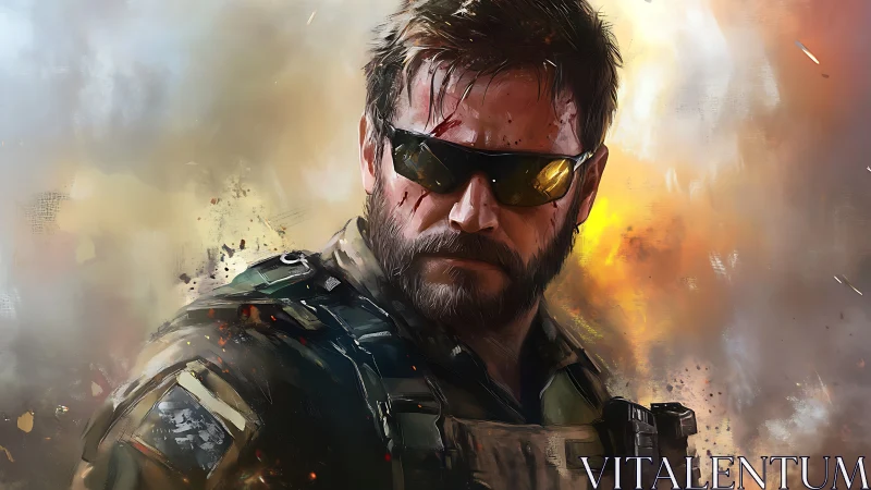 Battle-hardened soldier in shades amid explosive chaos.