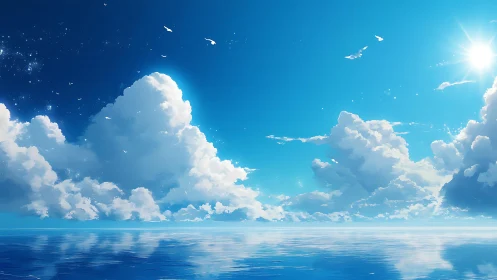 Radiant cumulus clouds over calm reflective ocean horizon.