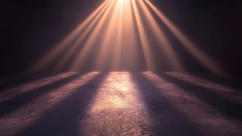 Volumetric light beams converge on textured concrete floor surface