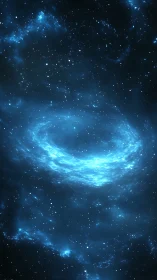 Rotating blue galactic vortex rendered in deep-space digital art