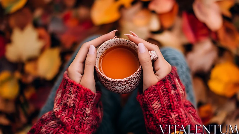 Autumnal hands cradle speckled mug amid defocused foliage geometry.