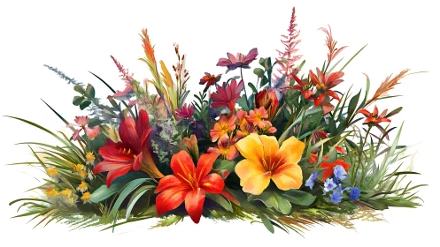 Floral arrangement composition with varied botanical specimens.