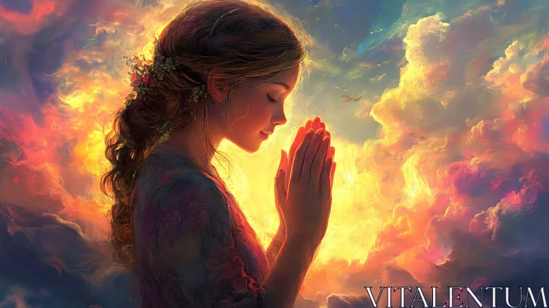 Luminous profile of praying girl amid iridescent cloudfield.
